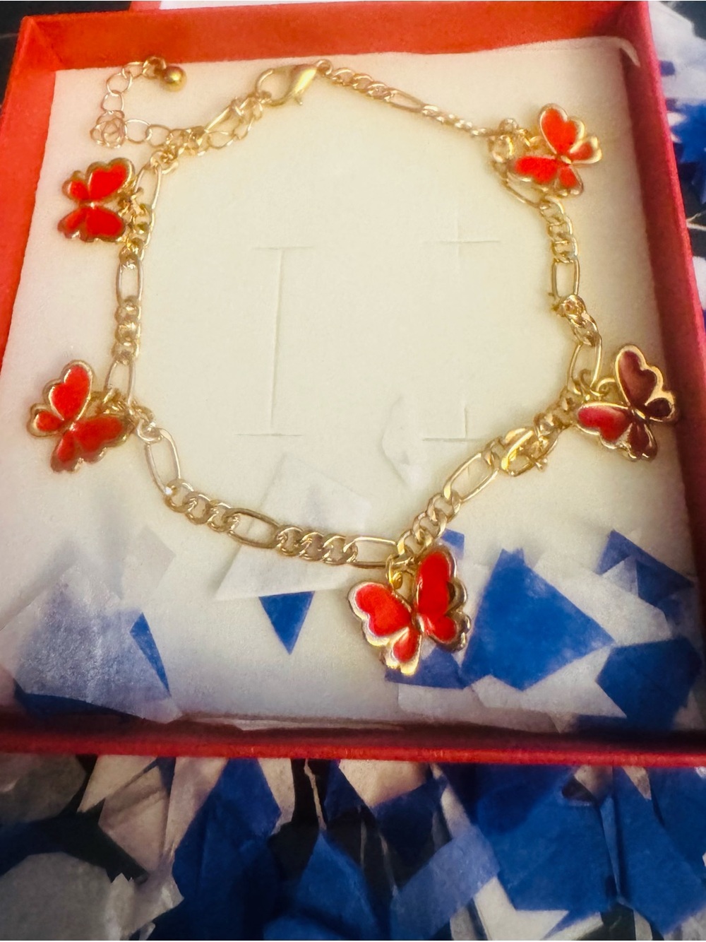 Gold Chain Bracelet with Red Butterfly Charms